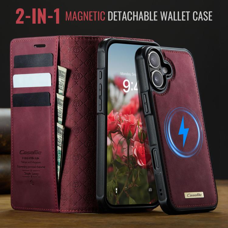 Funda de cuero desmontable CaseMe C49 con bloqueo RFID MagSafe para iPhone 16 (roja)