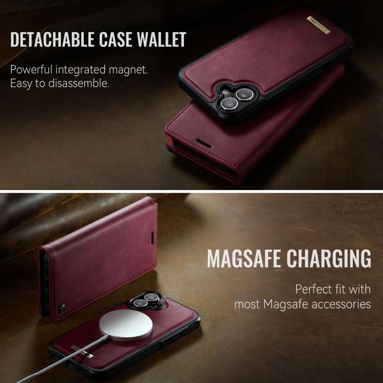 Funda de cuero desmontable CaseMe C49 con bloqueo RFID MagSafe para iPhone 16 (roja)