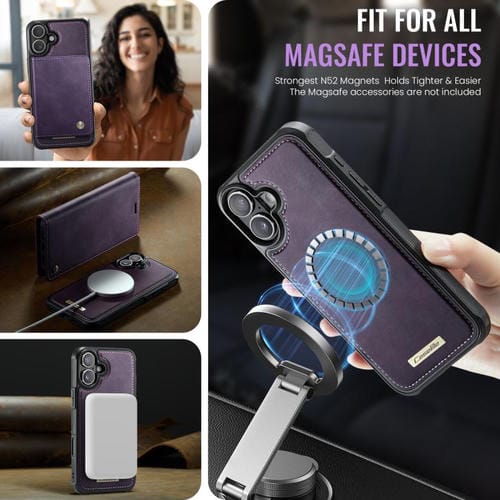 Funda de cuero desmontable CaseMe C49 con bloqueo RFID MagSafe para iPhone 16 (morado)