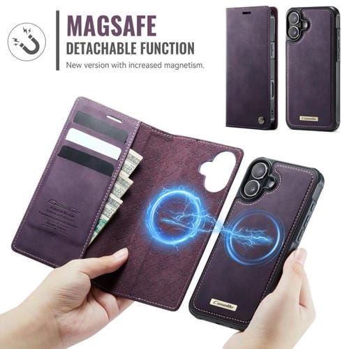 Funda de cuero desmontable CaseMe C49 con bloqueo RFID MagSafe para iPhone 16 (morado)