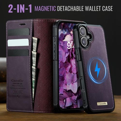 Funda de cuero desmontable CaseMe C49 para iPhone 16 Plus con bloqueo RFID MagSafe (morado)
