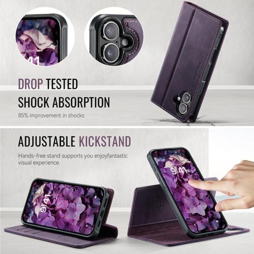 Funda de cuero desmontable CaseMe C49 para iPhone 16 Plus con bloqueo RFID MagSafe (morado)