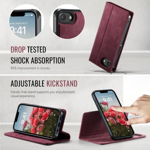 Funda de cuero desmontable CaseMe C49 con bloqueo RFID MagSafe para iPhone 16e (roja)