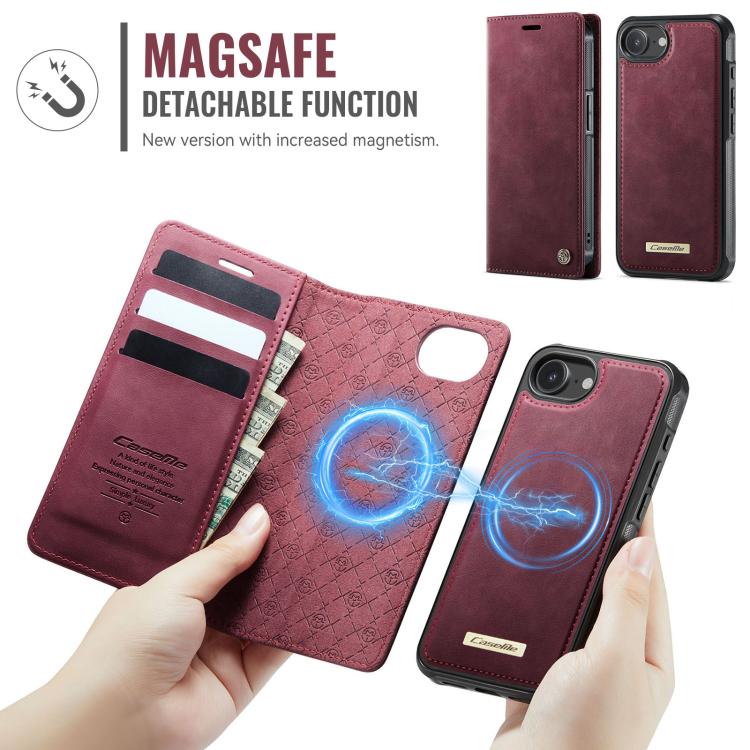 Funda de cuero desmontable CaseMe C49 con bloqueo RFID MagSafe para iPhone 16e (roja)
