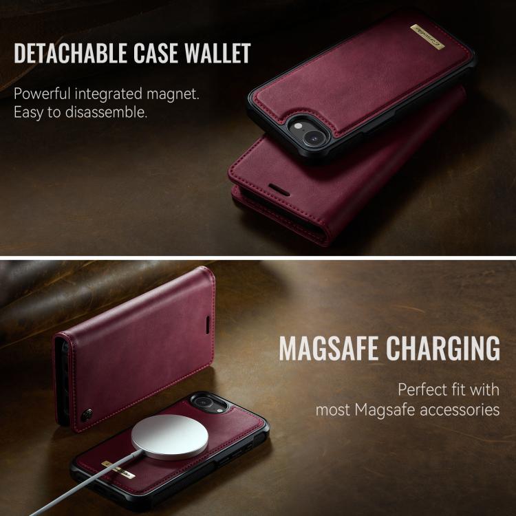 Funda de cuero desmontable CaseMe C49 con bloqueo RFID MagSafe para iPhone 16e (roja)