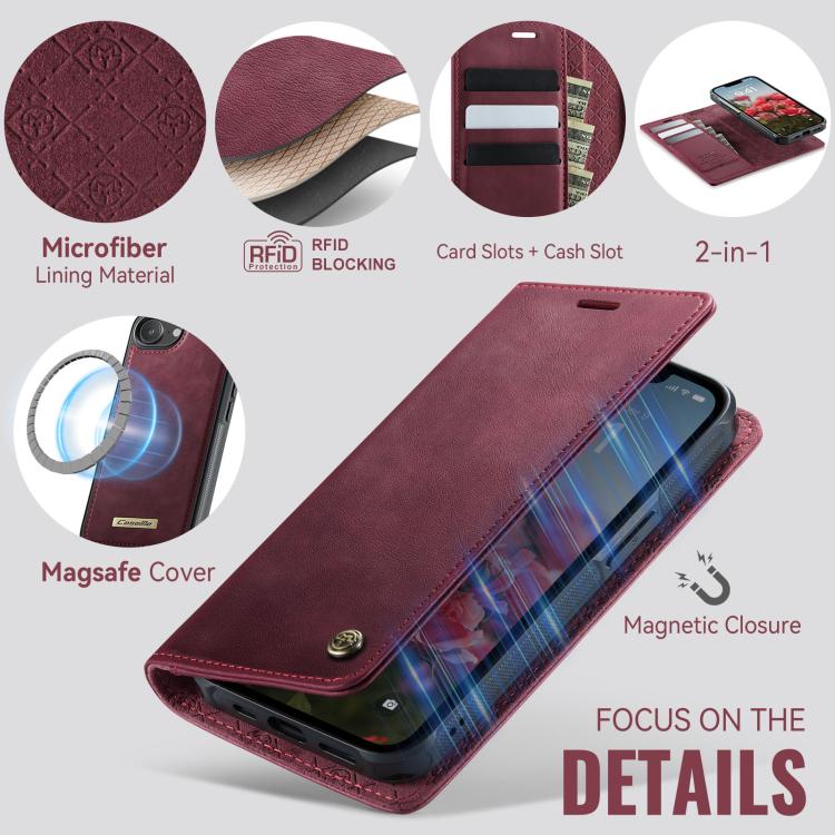 Funda de cuero desmontable CaseMe C49 con bloqueo RFID MagSafe para iPhone 16e (roja)