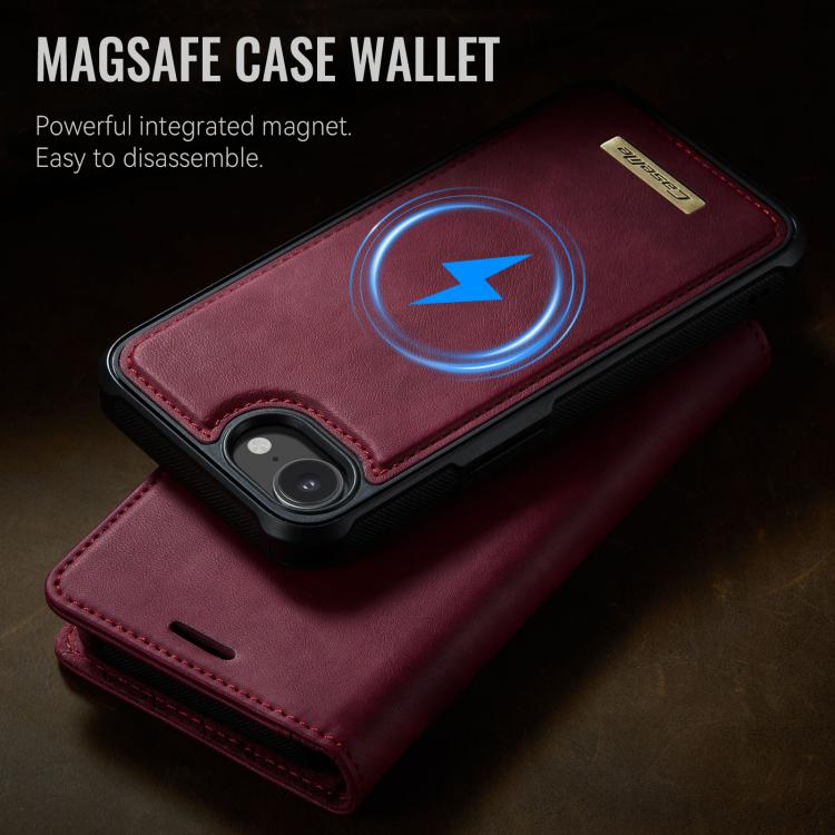 Funda de cuero desmontable CaseMe C49 con bloqueo RFID MagSafe para iPhone 16e (roja)