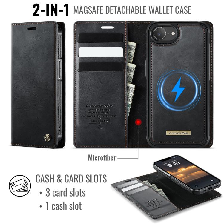 Funda de cuero desmontable CaseMe C49 con bloqueo RFID MagSafe para iPhone 16e (negra)