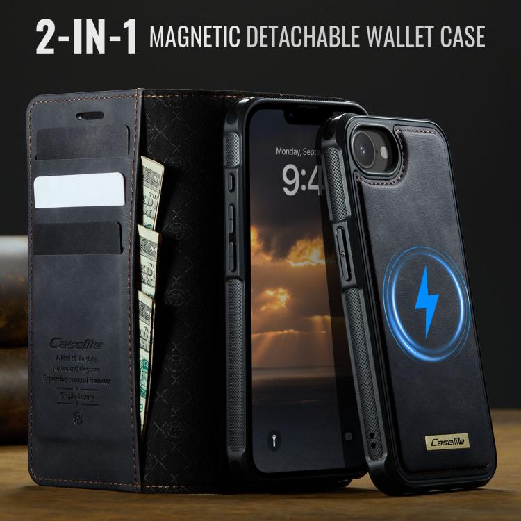 Funda de cuero desmontable CaseMe C49 con bloqueo RFID MagSafe para iPhone 16e (negra)