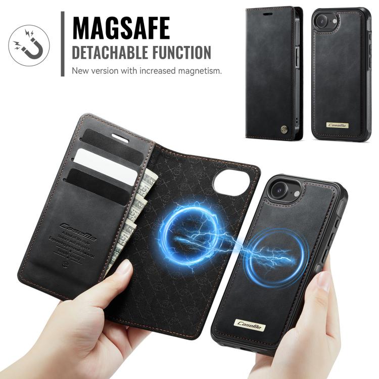 Funda de cuero desmontable CaseMe C49 con bloqueo RFID MagSafe para iPhone 16e (negra)