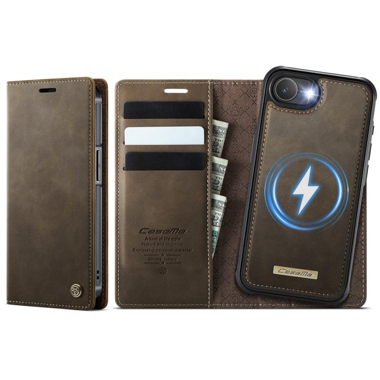 Funda de cuero desmontable CaseMe C49 con bloqueo RFID MagSafe para iPhone 16e (café)