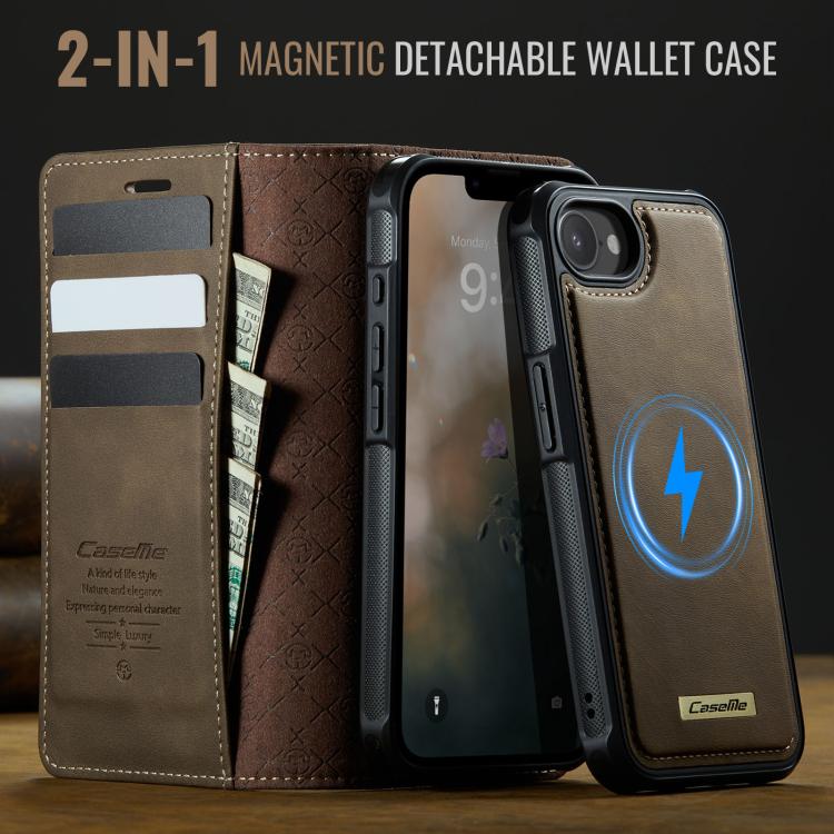 Funda de cuero desmontable CaseMe C49 con bloqueo RFID MagSafe para iPhone 16e (café)