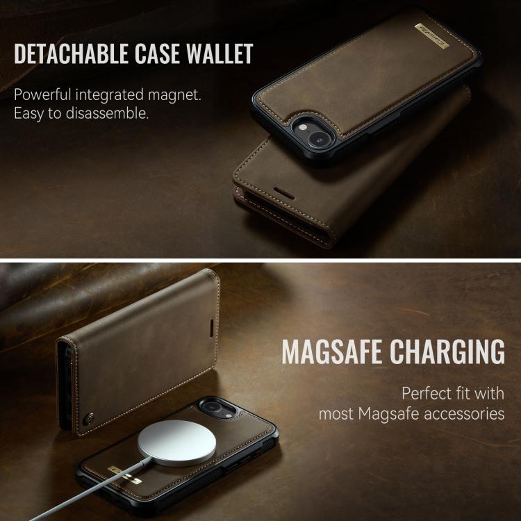 Funda de cuero desmontable CaseMe C49 con bloqueo RFID MagSafe para iPhone 16e (café)