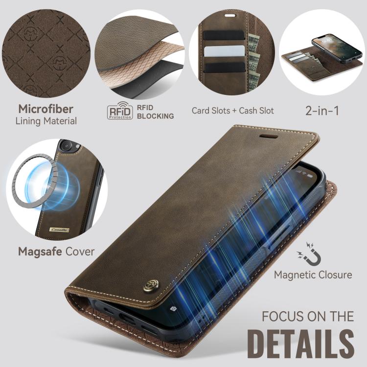 Funda de cuero desmontable CaseMe C49 con bloqueo RFID MagSafe para iPhone 16e (café)