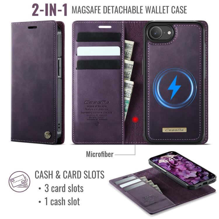 Funda de cuero desmontable CaseMe C49 MagSafe con bloqueo RFID para iPhone 16e (morado)