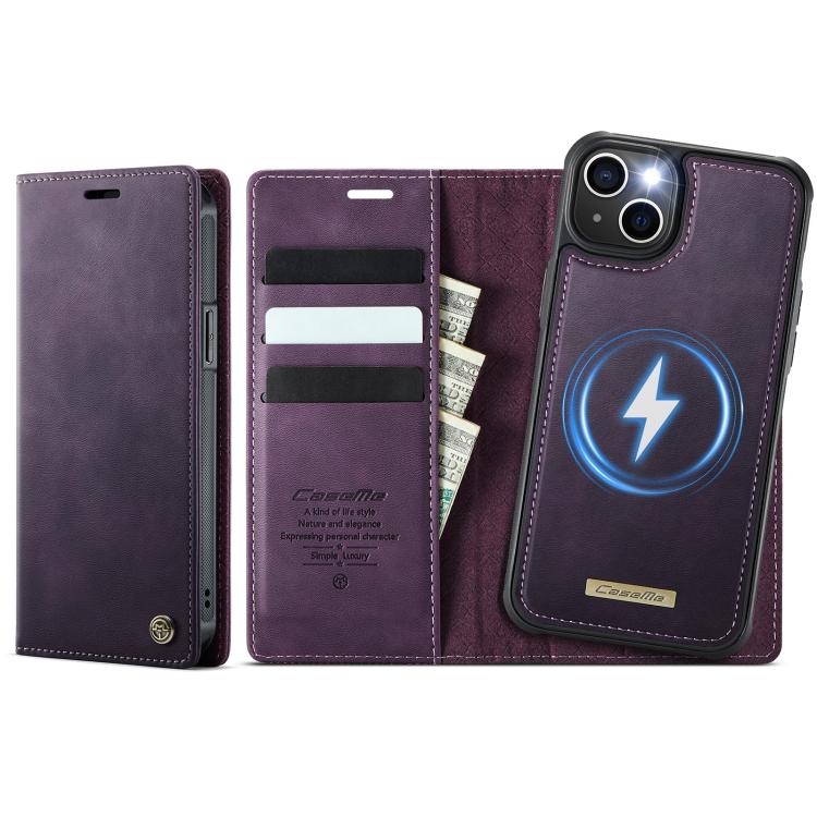 Funda de cuero desmontable CaseMe C49 con bloqueo RFID MagSafe para iPhone 15 (morado)