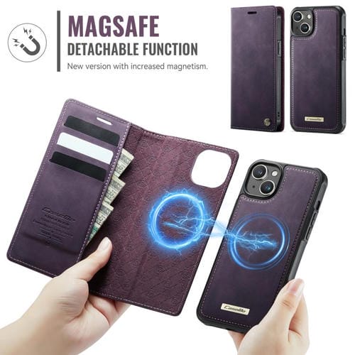 Funda de cuero desmontable CaseMe C49 con bloqueo RFID MagSafe para iPhone 15 (morado)