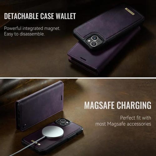 Funda de cuero desmontable CaseMe C49 con bloqueo RFID MagSafe para iPhone 15 (morado)