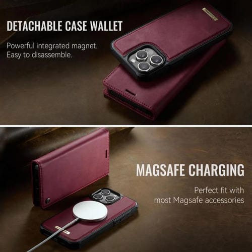 Funda de cuero desmontable CaseMe C49 con bloqueo RFID MagSafe para iPhone 15 Pro Max (roja)