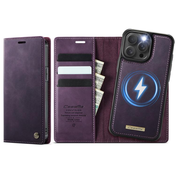 Funda de cuero desmontable CaseMe C49 con bloqueo RFID MagSafe para iPhone 15 Pro Max (morado)