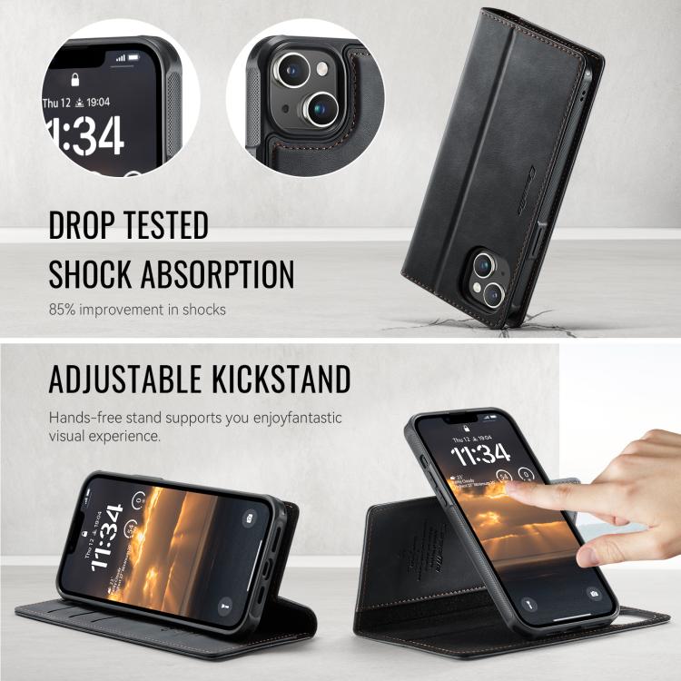 Funda de cuero desmontable CaseMe C49 con bloqueo RFID MagSafe para iPhone 14 (negra)