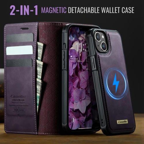 Funda de cuero desmontable CaseMe C49 con bloqueo RFID MagSafe para iPhone 14 (morado)