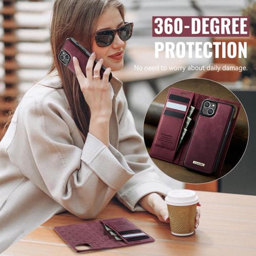 Funda de cuero desmontable CaseMe C49 con bloqueo RFID MagSafe para iPhone 13 (roja)