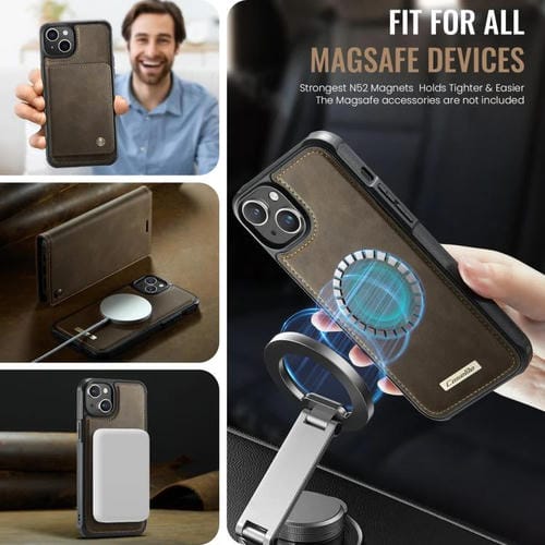 Funda de cuero desmontable CaseMe C49 con bloqueo RFID MagSafe para iPhone 13 (café)