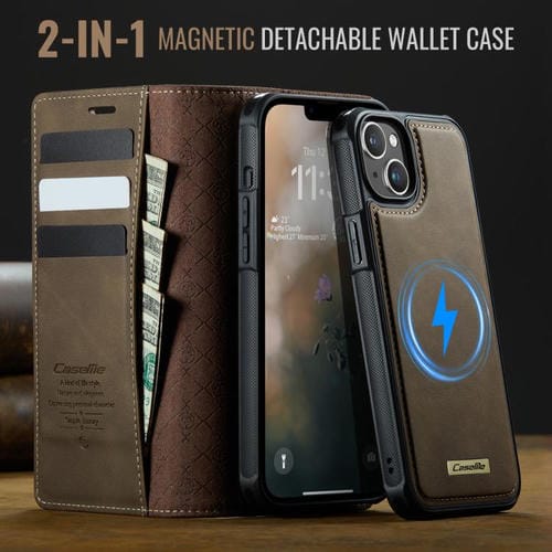 Funda de cuero desmontable CaseMe C49 con bloqueo RFID MagSafe para iPhone 13 (café)