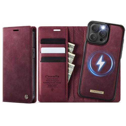 Funda de cuero desmontable CaseMe C49 con bloqueo RFID MagSafe para iPhone 13 Pro Max (roja)