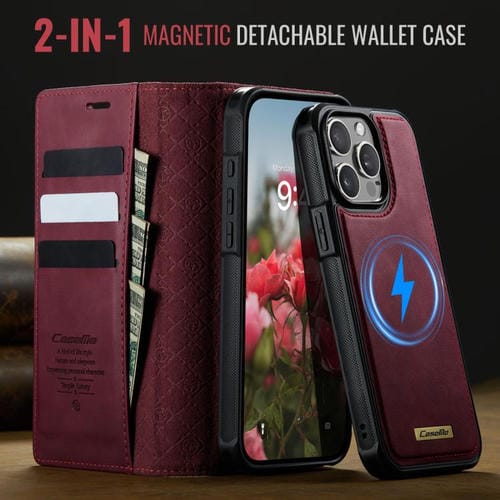 Funda de cuero desmontable CaseMe C49 con bloqueo RFID MagSafe para iPhone 13 Pro Max (roja)