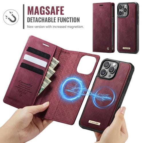Funda de cuero desmontable CaseMe C49 con bloqueo RFID MagSafe para iPhone 13 Pro Max (roja)