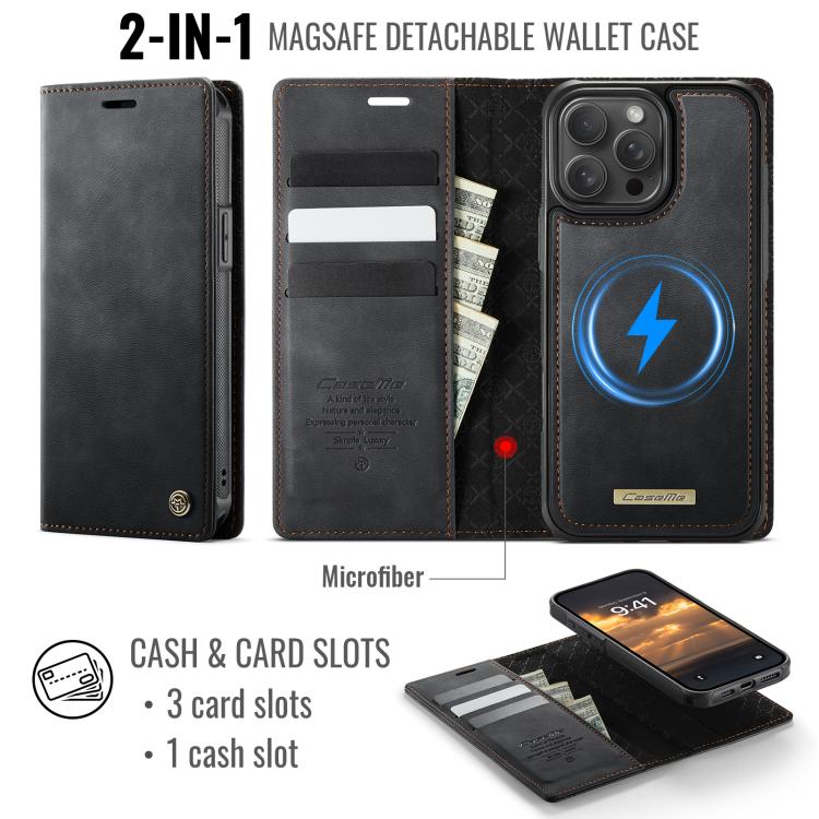 Funda de cuero desmontable CaseMe C49 con bloqueo RFID MagSafe para iPhone 13 Pro Max (negra)