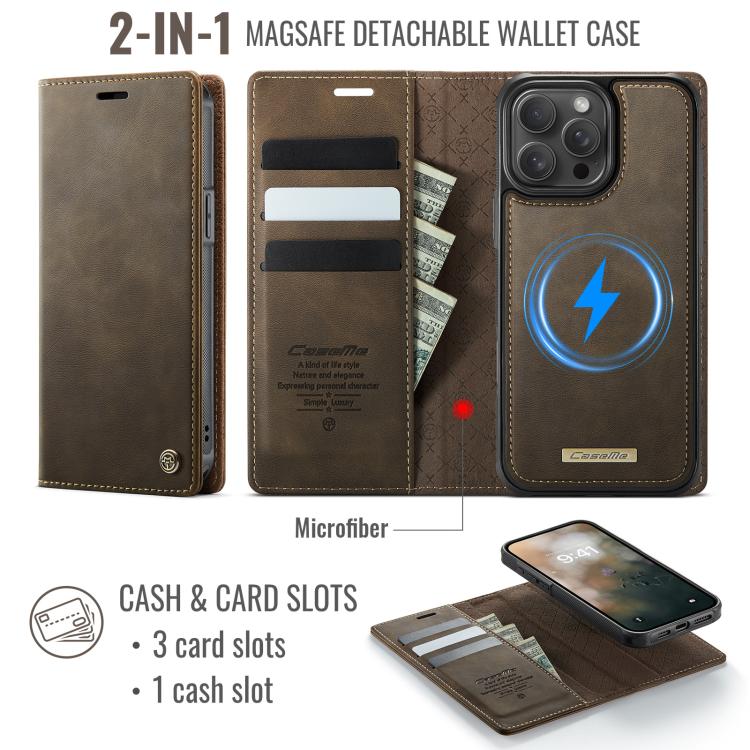 Funda de cuero desmontable CaseMe C49 con bloqueo RFID MagSafe para iPhone 12/12 Pro (café)