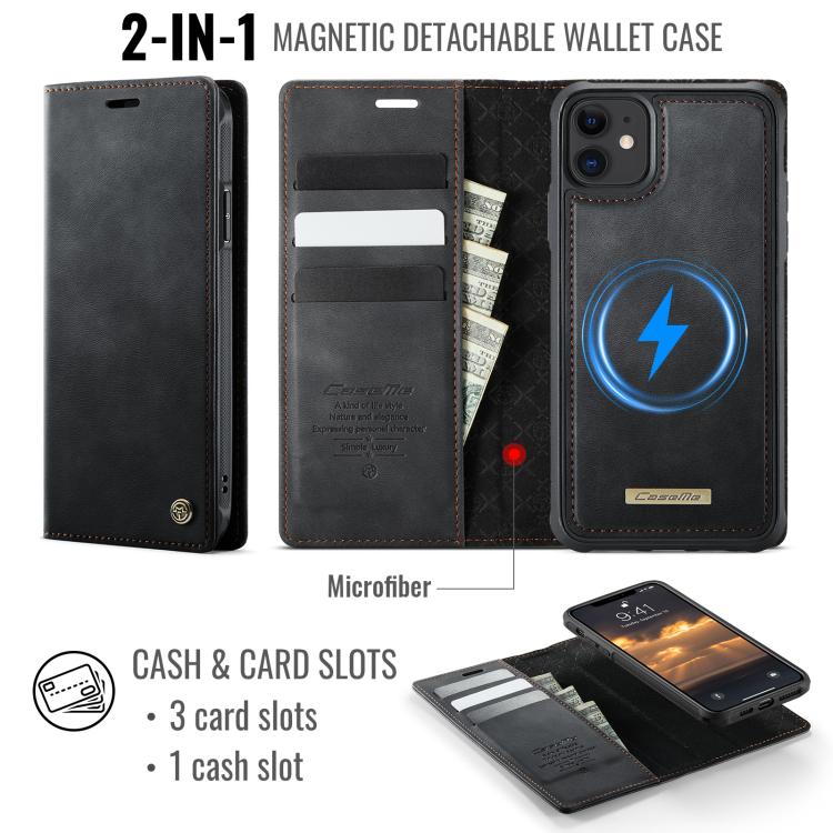 Funda de cuero desmontable CaseMe C49 con bloqueo RFID MagSafe para iPhone 11 (negra)