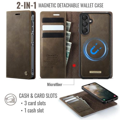 Funda de cuero desmontable con bloqueo RFID magnético CaseMe C49 para Samsung Galaxy A15 (café)