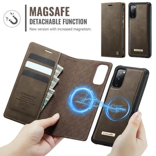 Funda de cuero desmontable CaseMe C49 con bloqueo RFID magnético para Samsung Galaxy S20 FE (café)