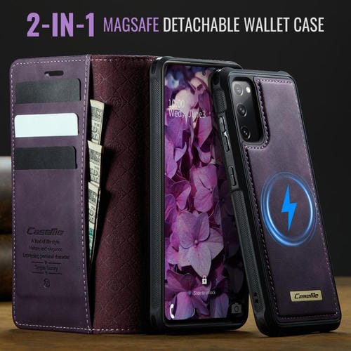 Funda de cuero desmontable CaseMe C49 para Samsung Galaxy S20 FE con bloqueo RFID magnético (morado)
