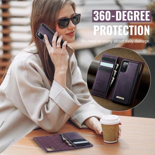 Funda de cuero desmontable CaseMe C49 para Samsung Galaxy S20 FE con bloqueo RFID magnético (morado)