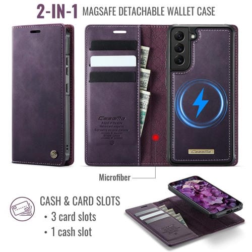 Funda de cuero desmontable con bloqueo RFID magnético para Samsung Galaxy S22+ 5G CaseMe C49 (morado)