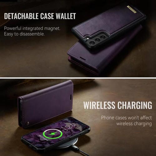 Funda de cuero desmontable con bloqueo RFID magnético para Samsung Galaxy S22+ 5G CaseMe C49 (morado)
