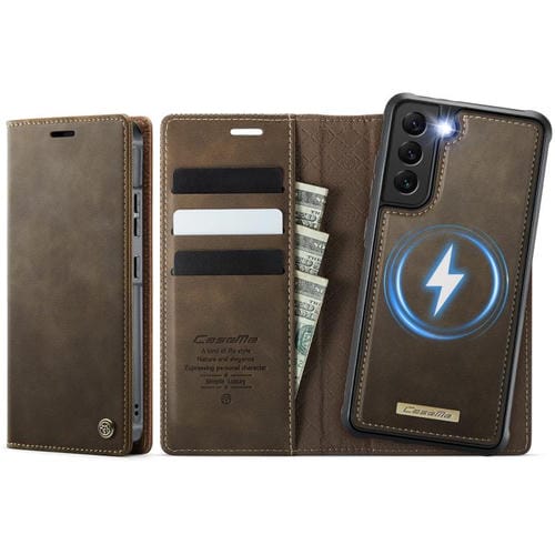 Funda de cuero desmontable con bloqueo RFID magnético para Samsung Galaxy S22 5G CaseMe C49 (café)