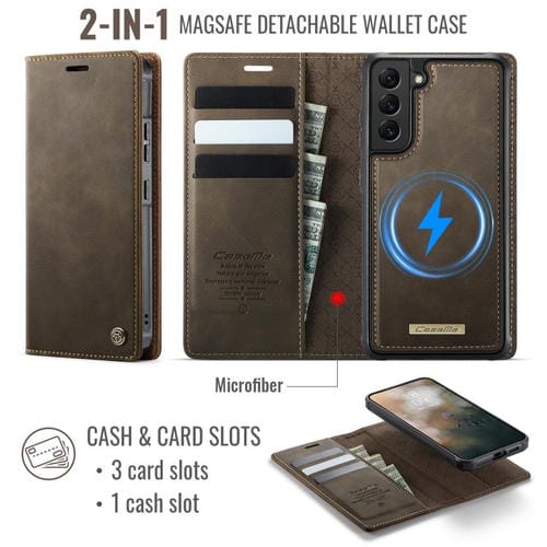 Funda de cuero desmontable con bloqueo RFID magnético para Samsung Galaxy S22 5G CaseMe C49 (café)