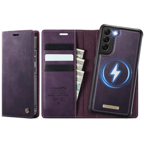 Funda de cuero desmontable con bloqueo RFID magnético para Samsung Galaxy S22 5G CaseMe C49 (morado)