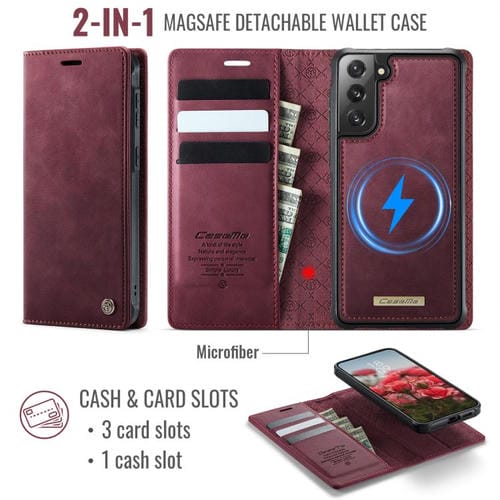 Funda de cuero desmontable CaseMe C49 con bloqueo RFID magnético para Samsung Galaxy S21 FE 5G (roja)