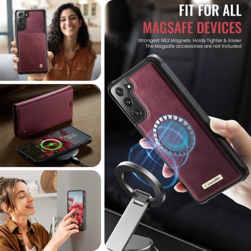 Funda de cuero desmontable CaseMe C49 con bloqueo RFID magnético para Samsung Galaxy S21 FE 5G (roja)