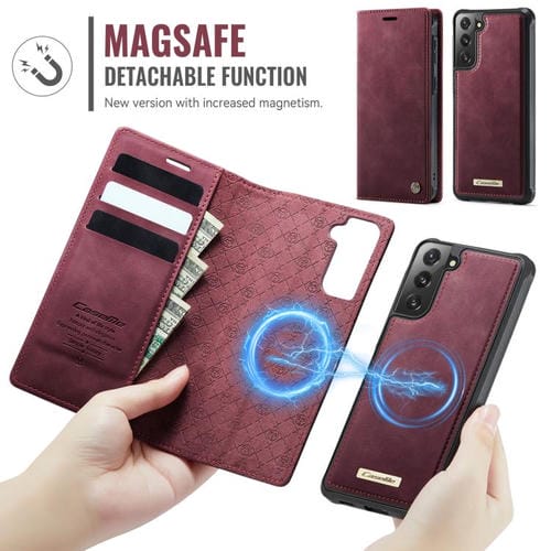 Funda de cuero desmontable CaseMe C49 con bloqueo RFID magnético para Samsung Galaxy S21 FE 5G (roja)