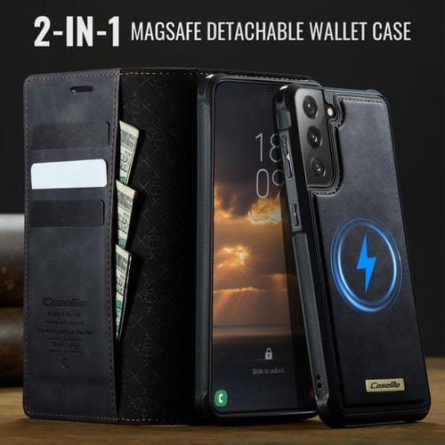 Funda de cuero desmontable CaseMe C49 con bloqueo RFID magnético para Samsung Galaxy S21 FE 5G (negra)