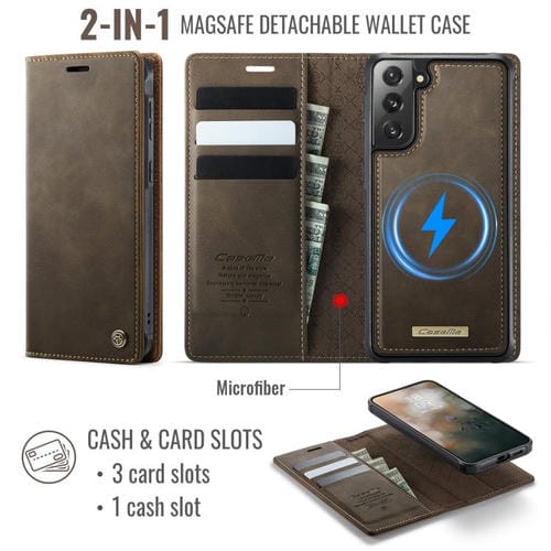 Funda de cuero desmontable con bloqueo RFID magnético CaseMe C49 para Samsung Galaxy S21 FE 5G (café)
