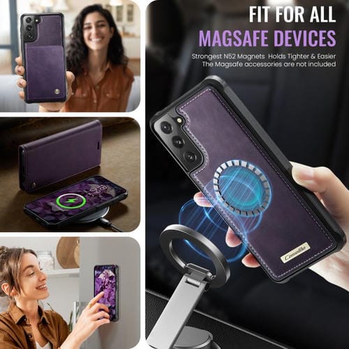 Funda de cuero desmontable CaseMe C49 para Samsung Galaxy S21 FE 5G con bloqueo RFID magnético (morado)